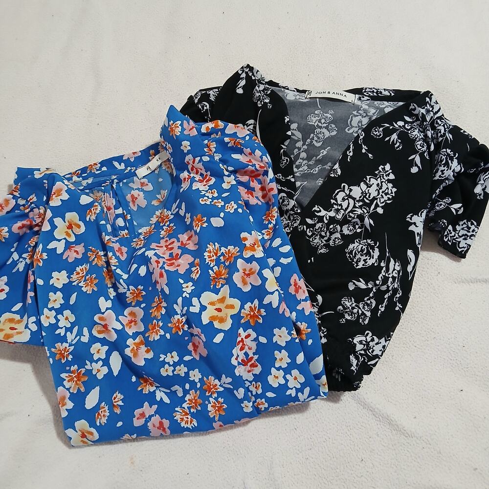 2 Similar sized Short-Sleeved (Black/White Floral) -(Blue w/Flowers-PLEIONE)